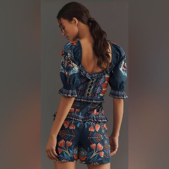 NWT Farm Rio x Anthropologie Puff-Sleeve Ruffled Floral Romper - Picture 3 of 4